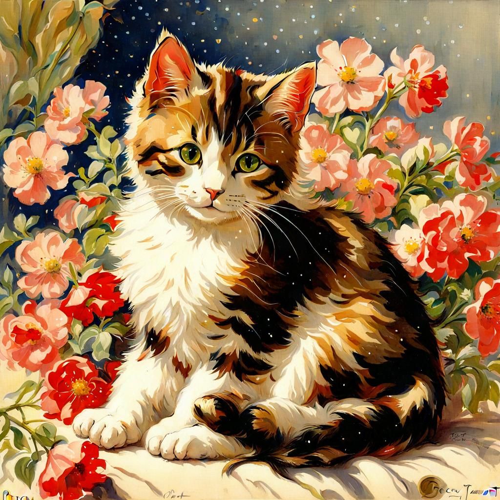 Cute Cat with Flowers in Edwardian Style