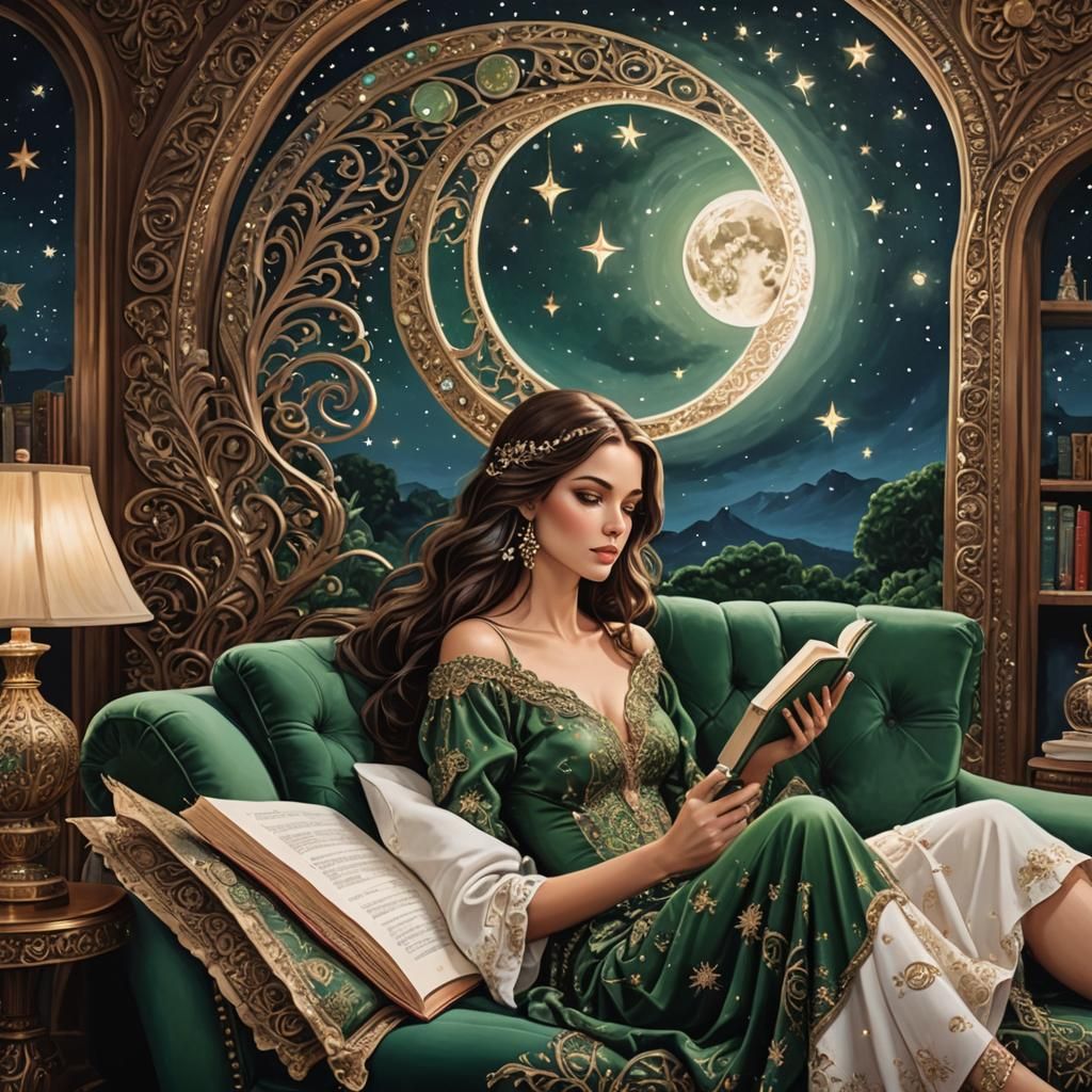 Beautiful Woman Lounging in a Starry Living Room
