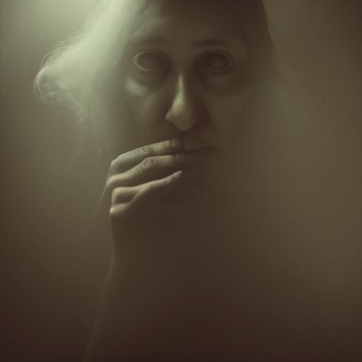 a mysterious ghost woman. Dark shadows. Scary. Ominous. Nightmare.  Haunted. Close up portrait, ambient light, Nikon 15m...
