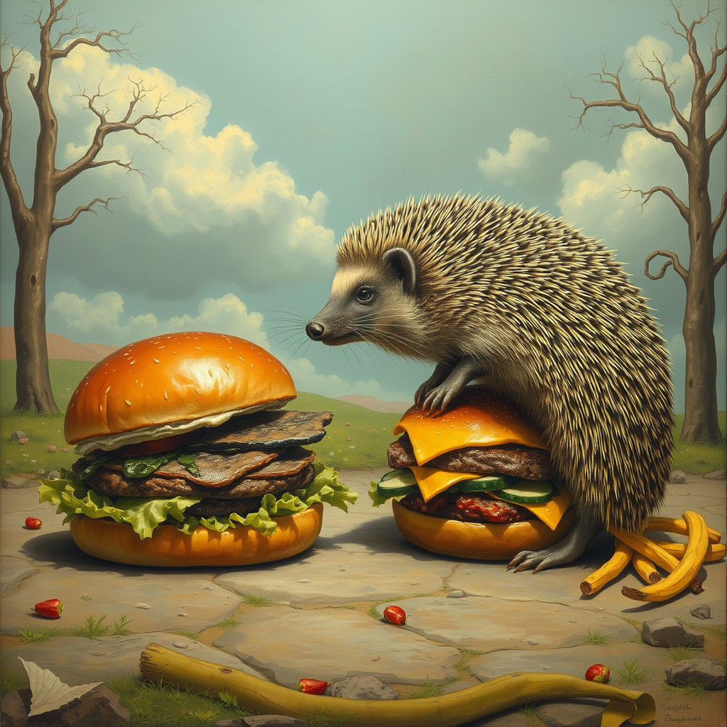 Surreal Giant Hedgehog Feast: Renaissance Collage Art