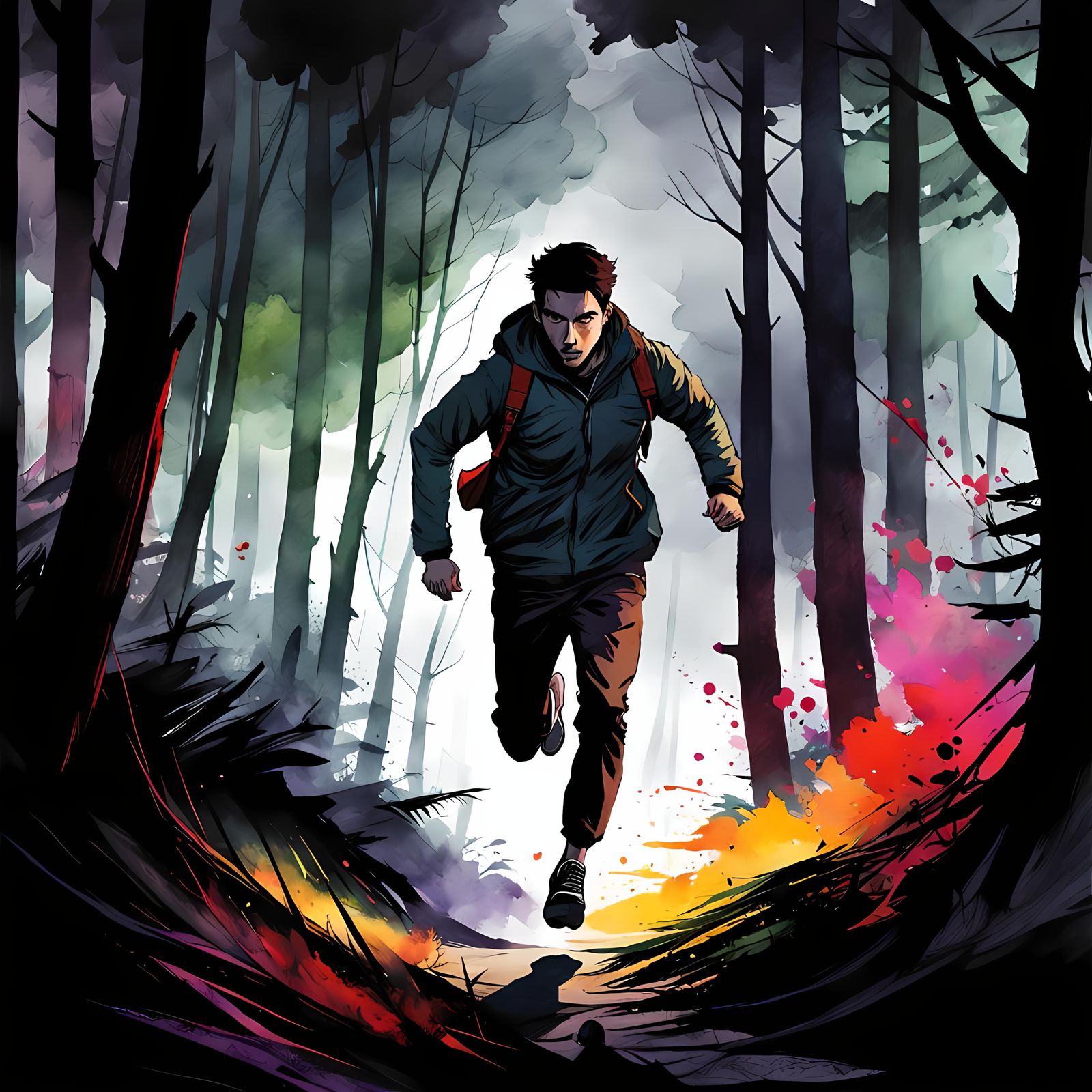 Escaping the Dark Forest: Line Watercolor Art