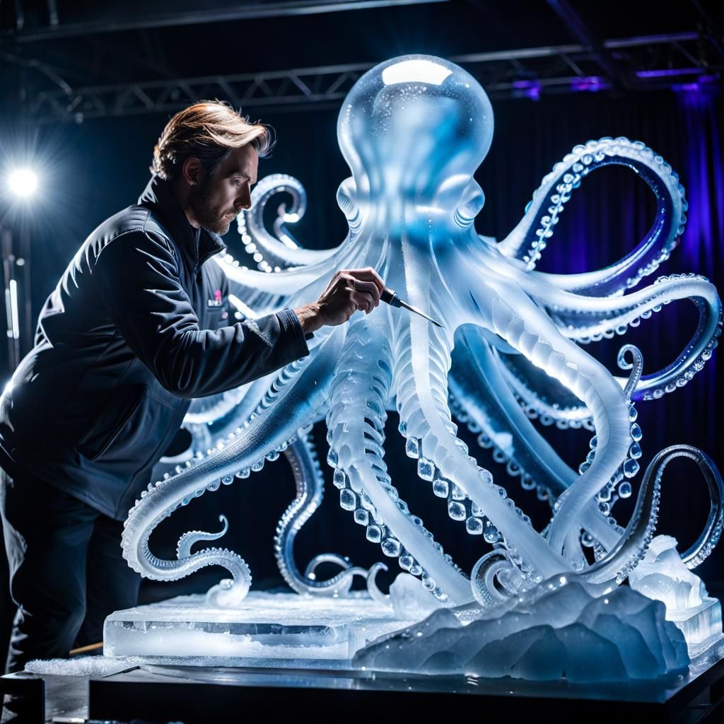 Ice Carver Creates Transparent Octopus Sculpture