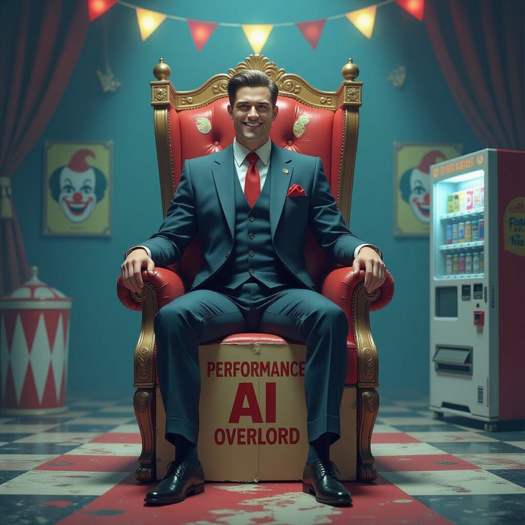 Dystopian AI Overlord in Corporate Circus