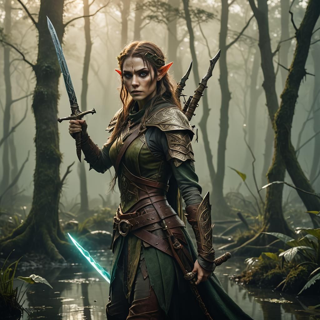 Forest Elf Ready in Magical Swamp, Digital Art