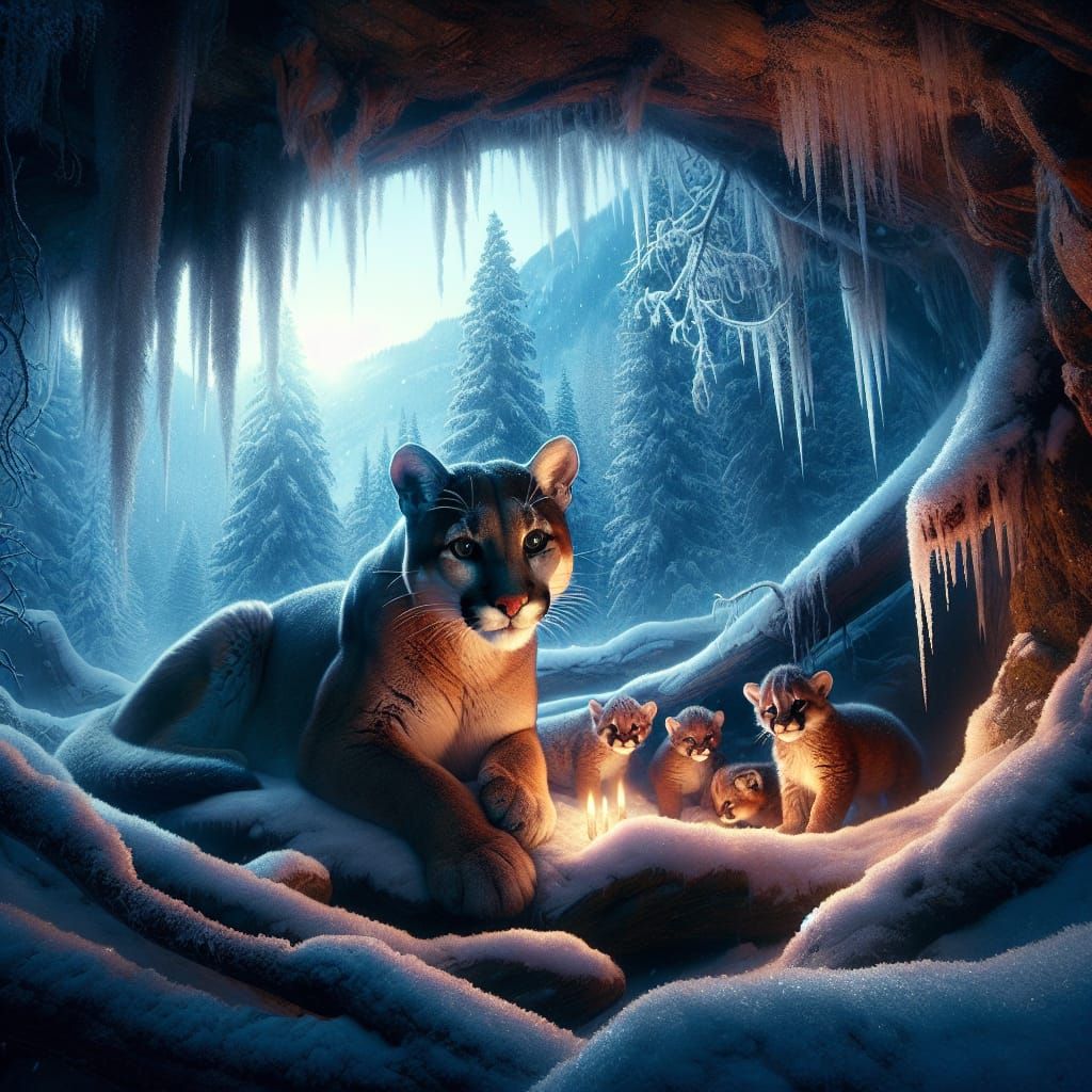 Fantastical Cougar Mother Tenders Her Adorable Cubs in a Fro...
