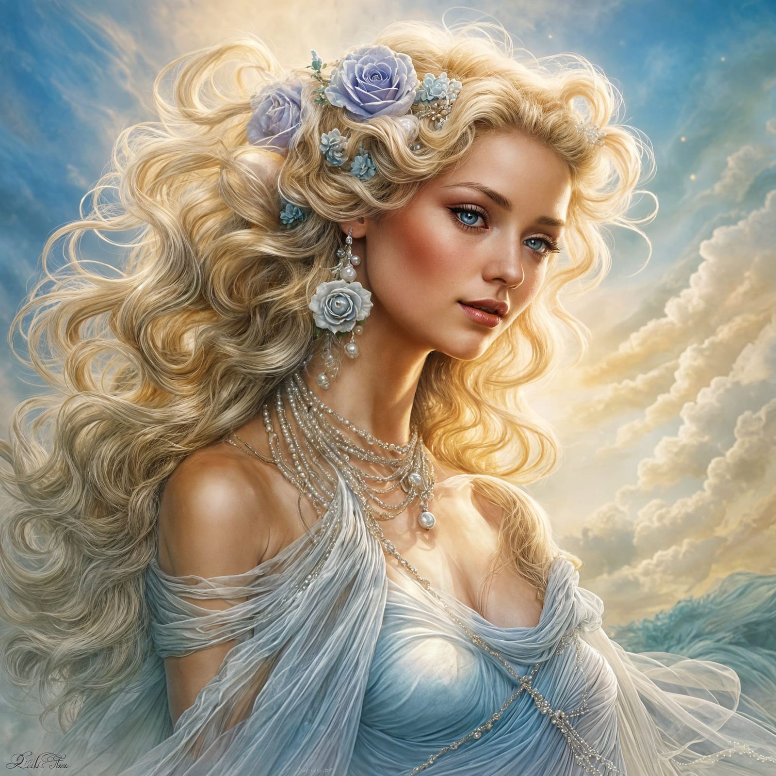 Goddess in Flowing Silk with Pearls and Roses, Art Deco Styl...