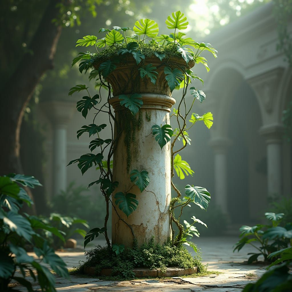Monstera Vines Entwined Around Marble Column