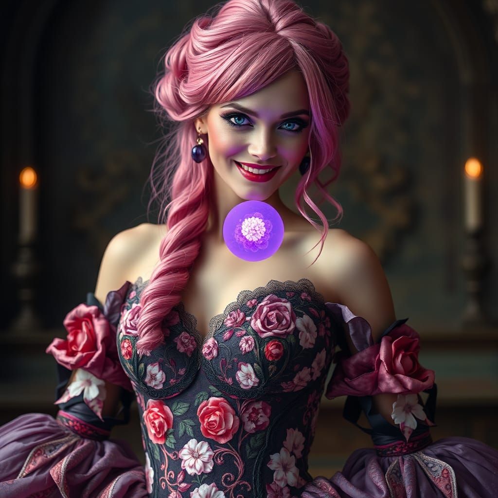 Pink-Haired Woman with Energy Ball in Gothic Gown