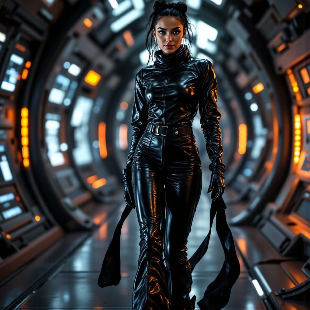 Woman in Spaceship Command Center in Sci-Fi Style