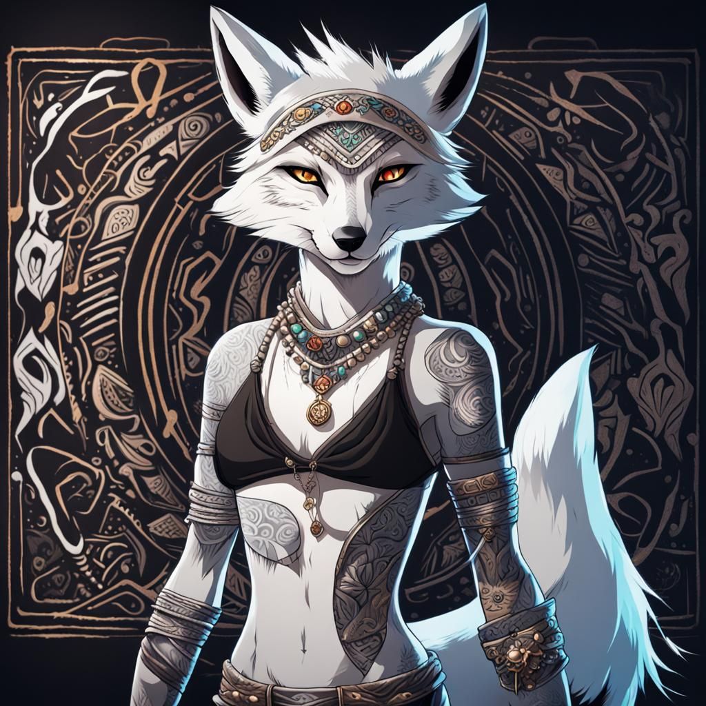 Detailed White Fox Anthropomorphic in Anime Style