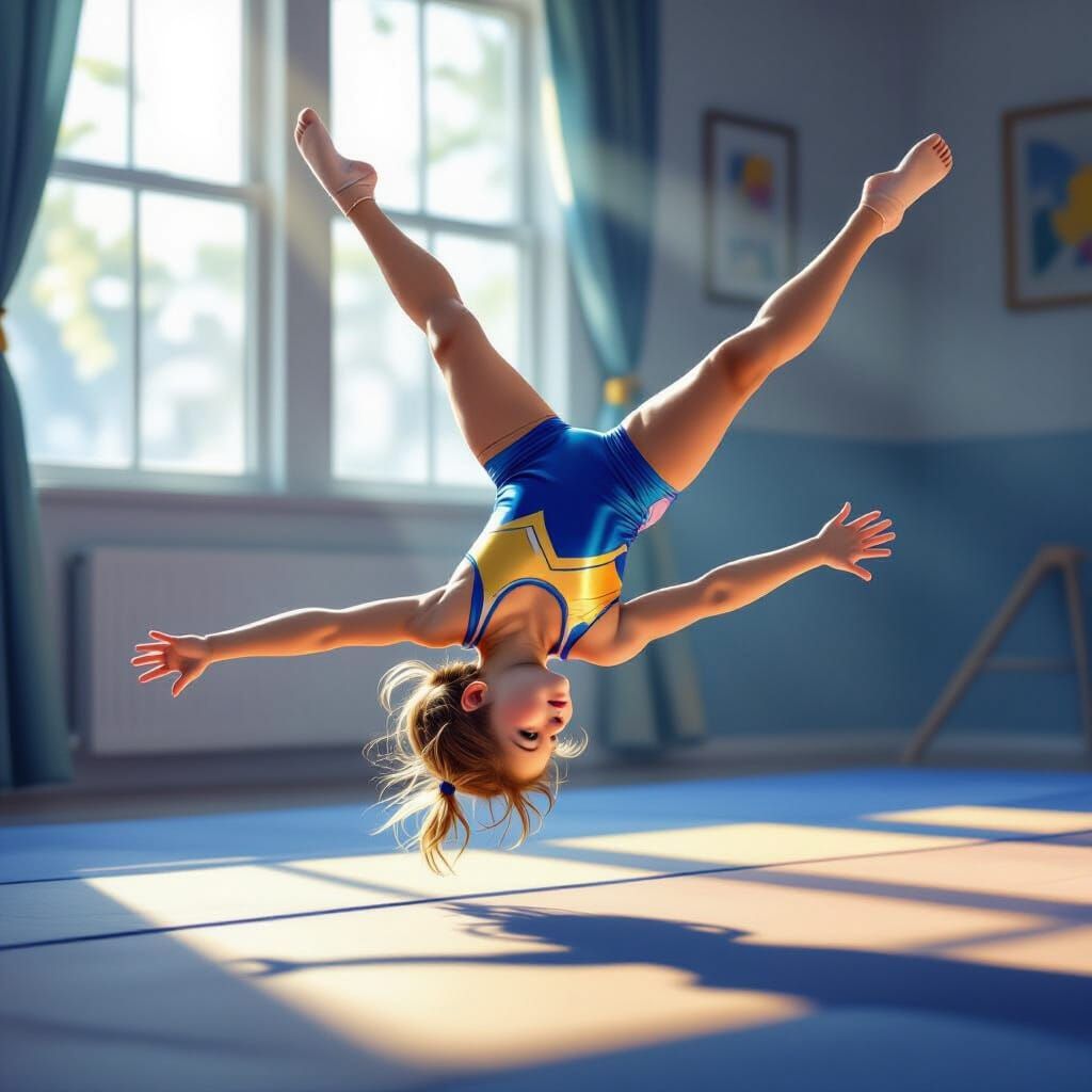Girl in Blue and Gold Leotard Flips in Gym