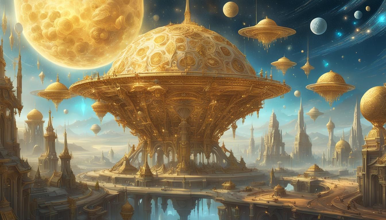 Golden Spaceships in Cosmos Landscape: Ethereal Fantasy Art