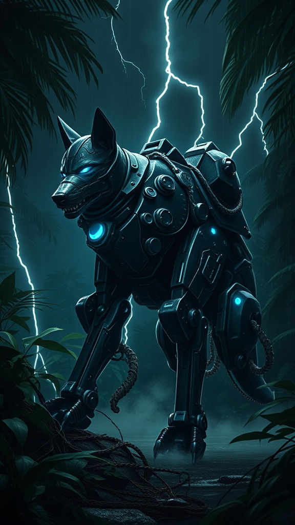 Cybernetic War Wolf in Stormy Rainforest