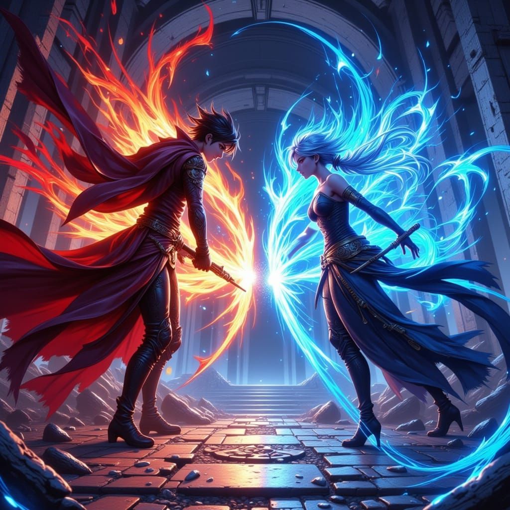 Anime Mages Duel in Ancient Temple
