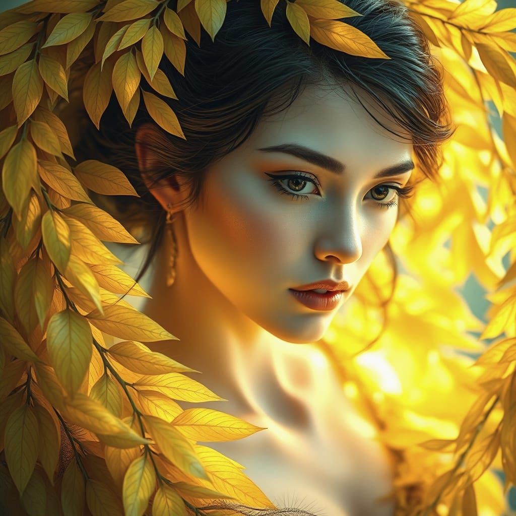 Ethereal Goddess in Whirling Yellow Leaves and Iridescent Fe...