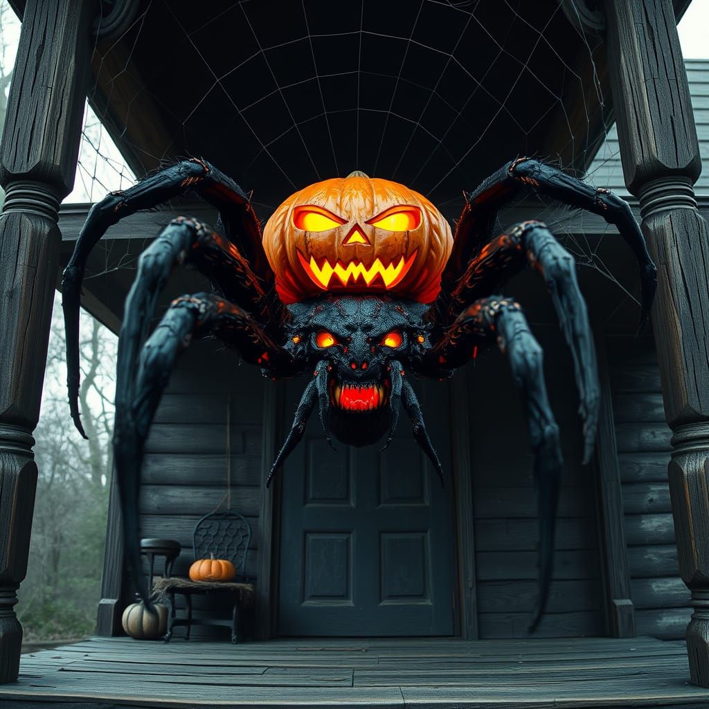 Terrifying Spider with Jack-o-Lantern Body on Old Porch