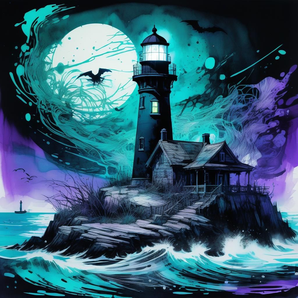 Eerie Blacklight Horror Lighthouse on Island with Ghosts