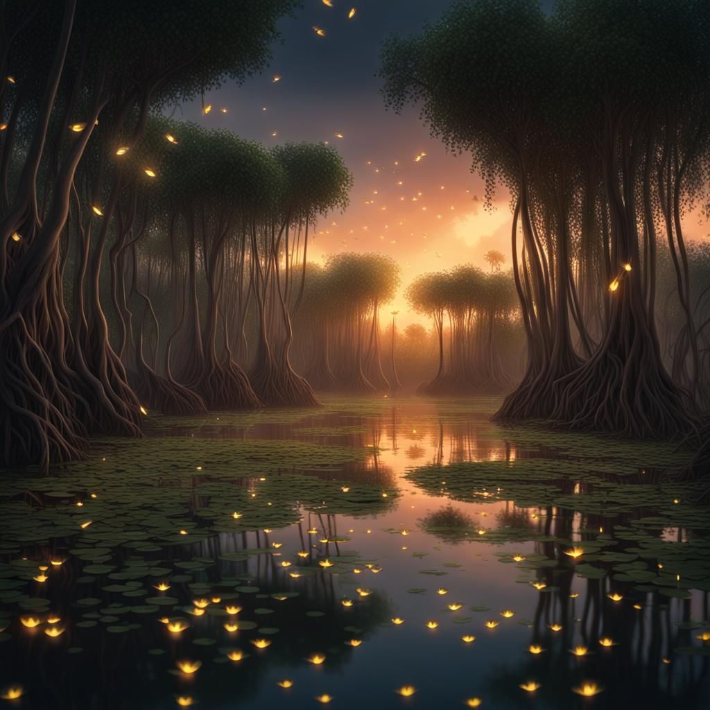 Magical Mangrove Swamp at Dusk with Fireflies