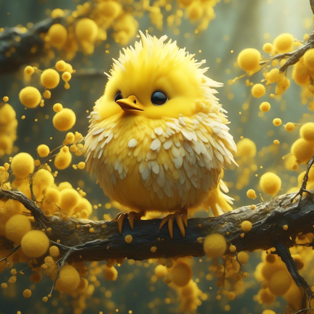 Fluffy Yellow Baby Bird Perched on Branch: Digital Art