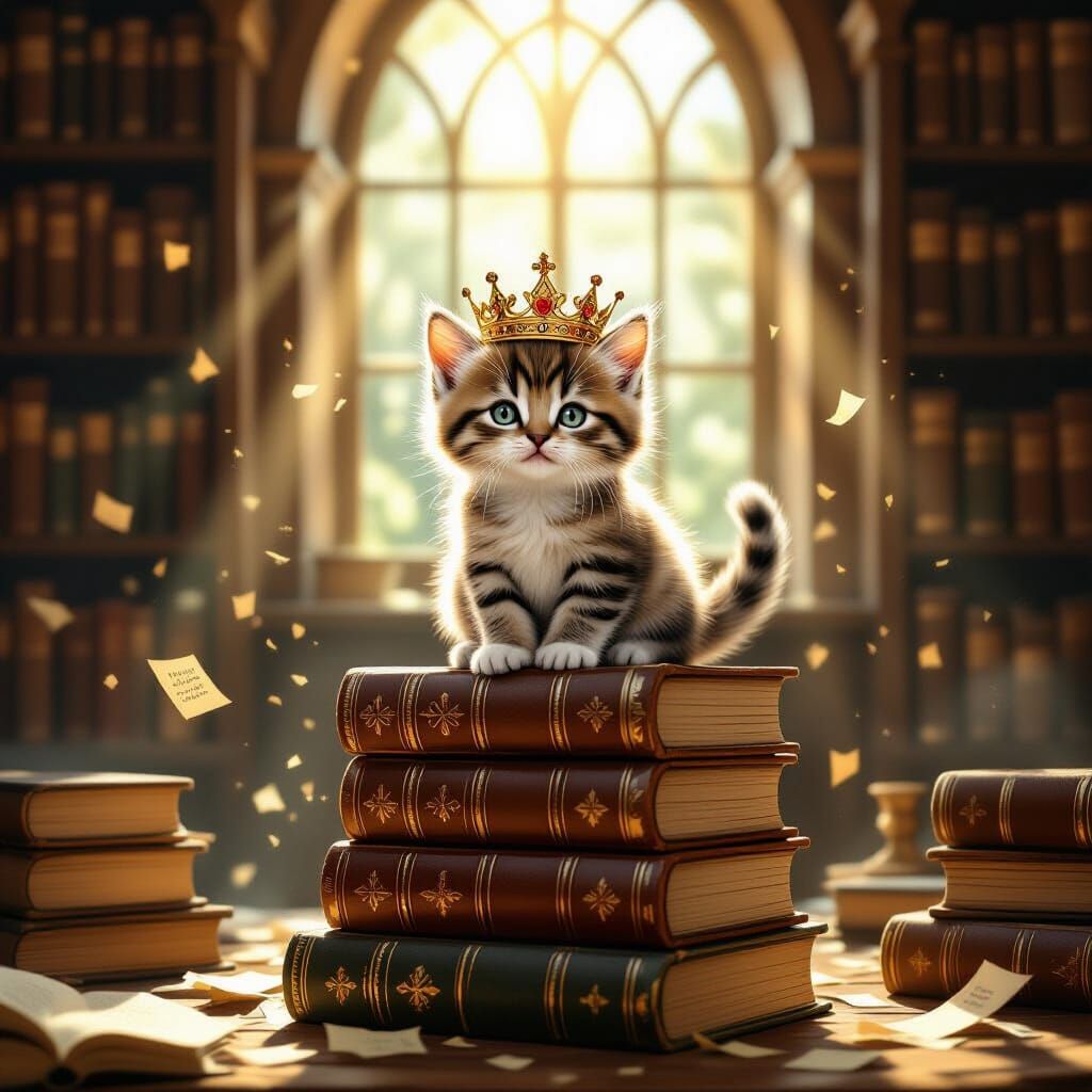 Kitten King on Books in Dusty Library