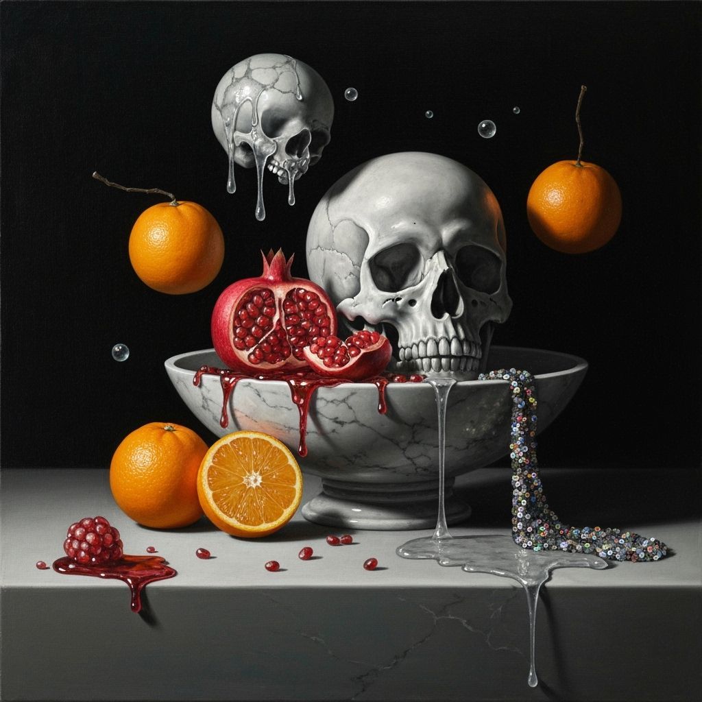 Surreal Still Life with Skull and Pomegranate in Dramatic Li...