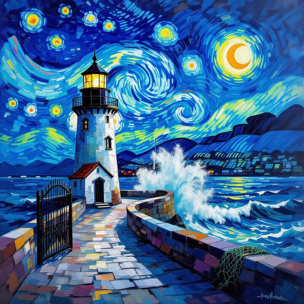 Colorful Lighthouse Between Port Gates in Van Gogh Style