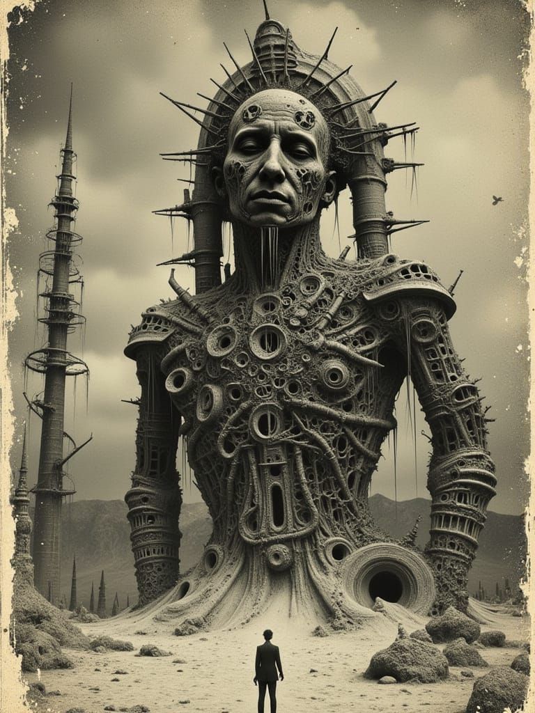 Lovecraftian Colossus in Atomic Age Landscape