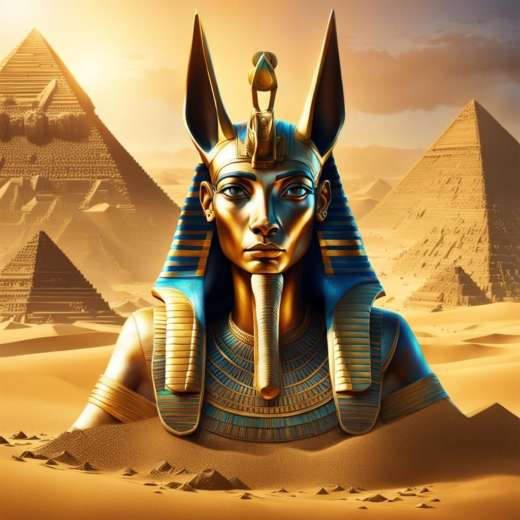 Egyptian Queen with Anubis and Pyramids