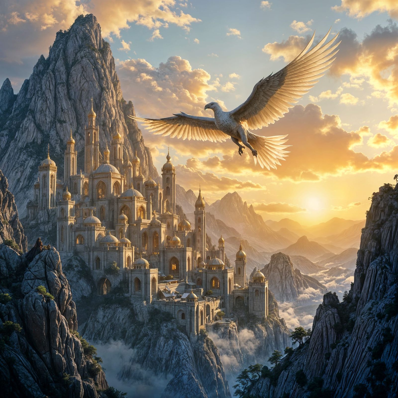 Majestic Griffin Soars Over Elven City