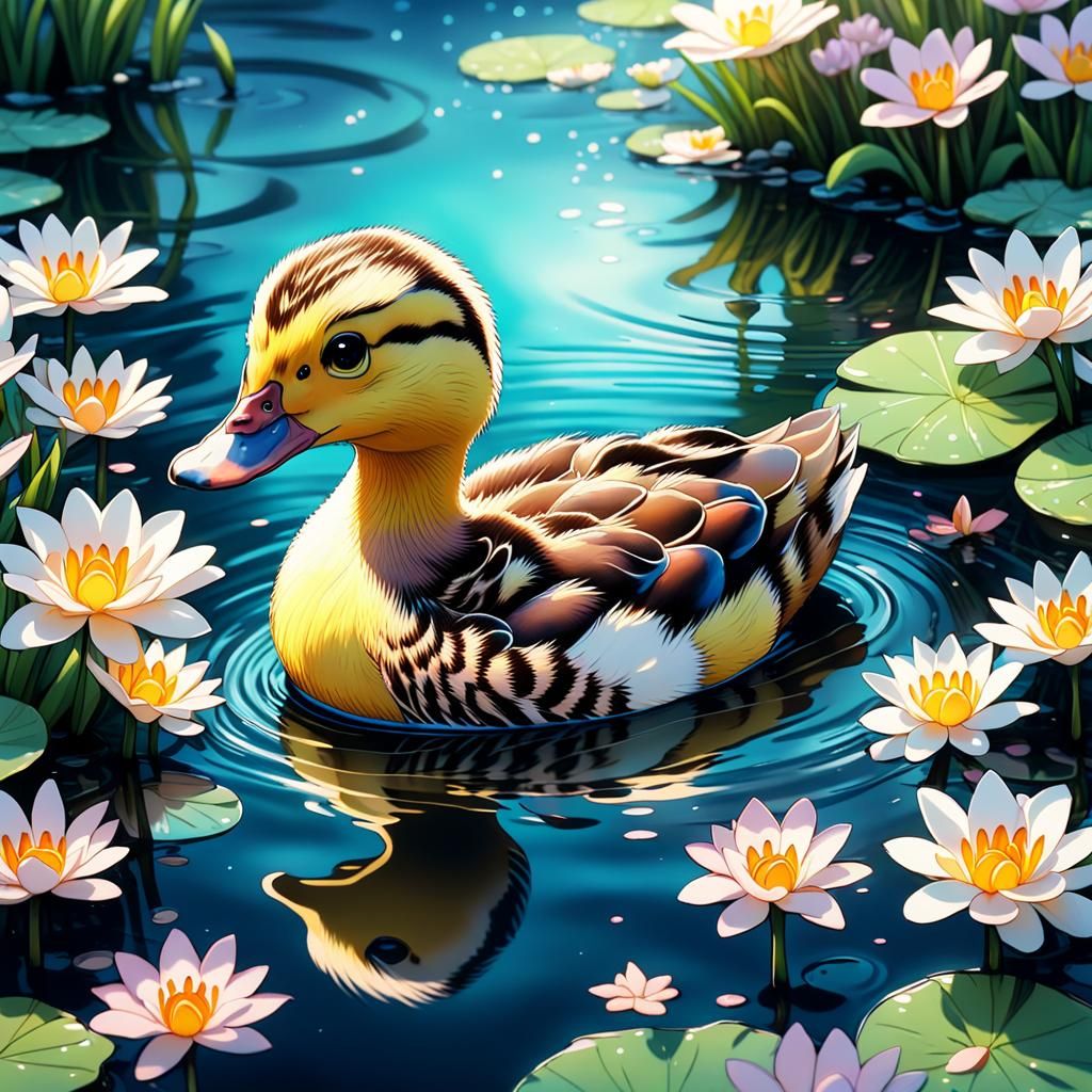Cute Duckling in Pond: Anime Realism Illustration