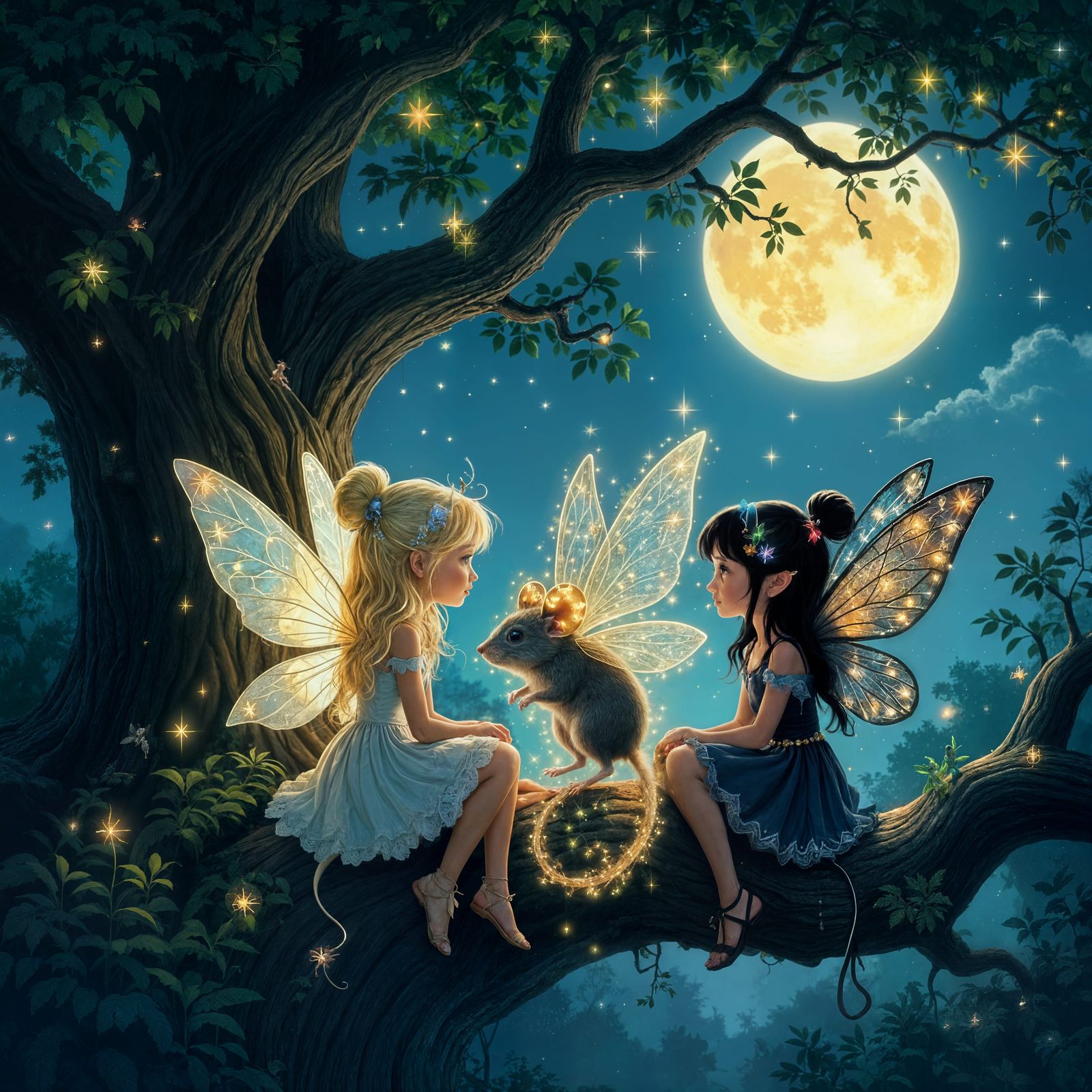 Fairy Girls Meet Luminous Mouse in Oak Tree