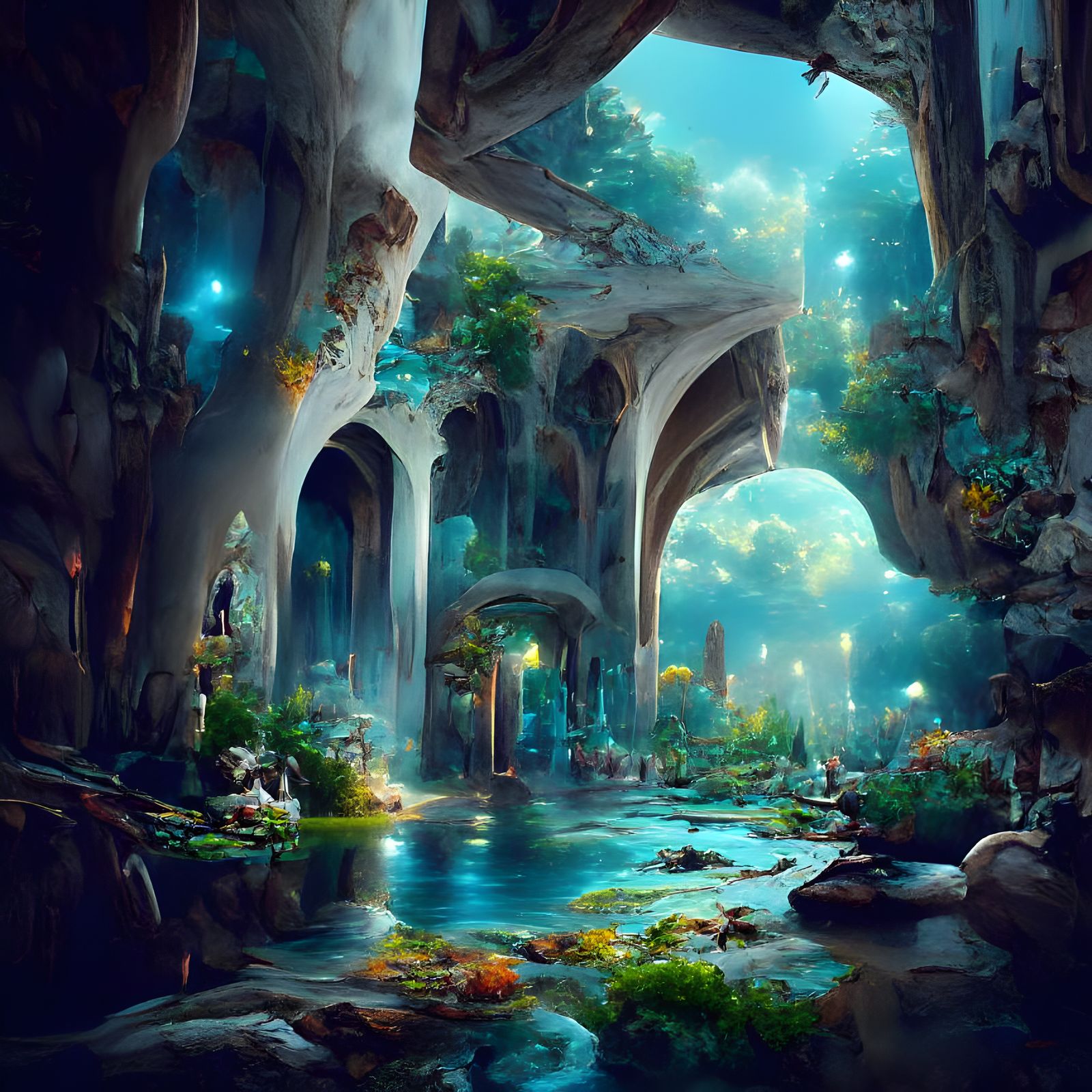 Luminous Underwater Temple Ruins: Fantasy Digital Painting