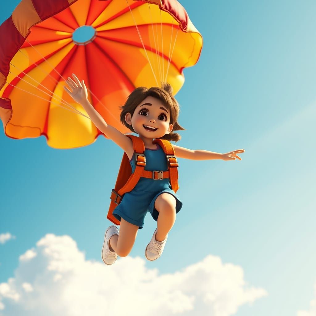 Girl Soaring with Parachute in Disney CGI Style