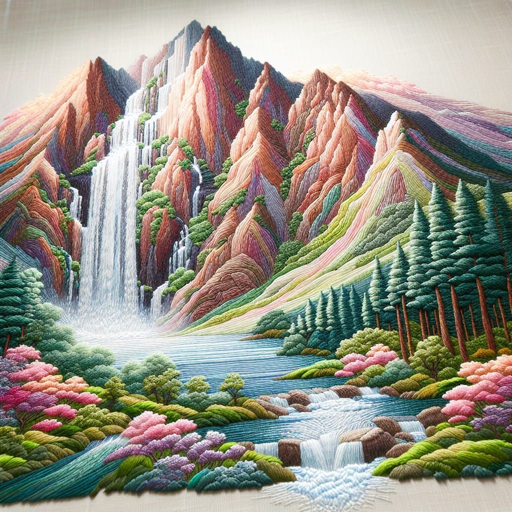 Vibrant Pastel Waterfall Embroidery with 3D Shading