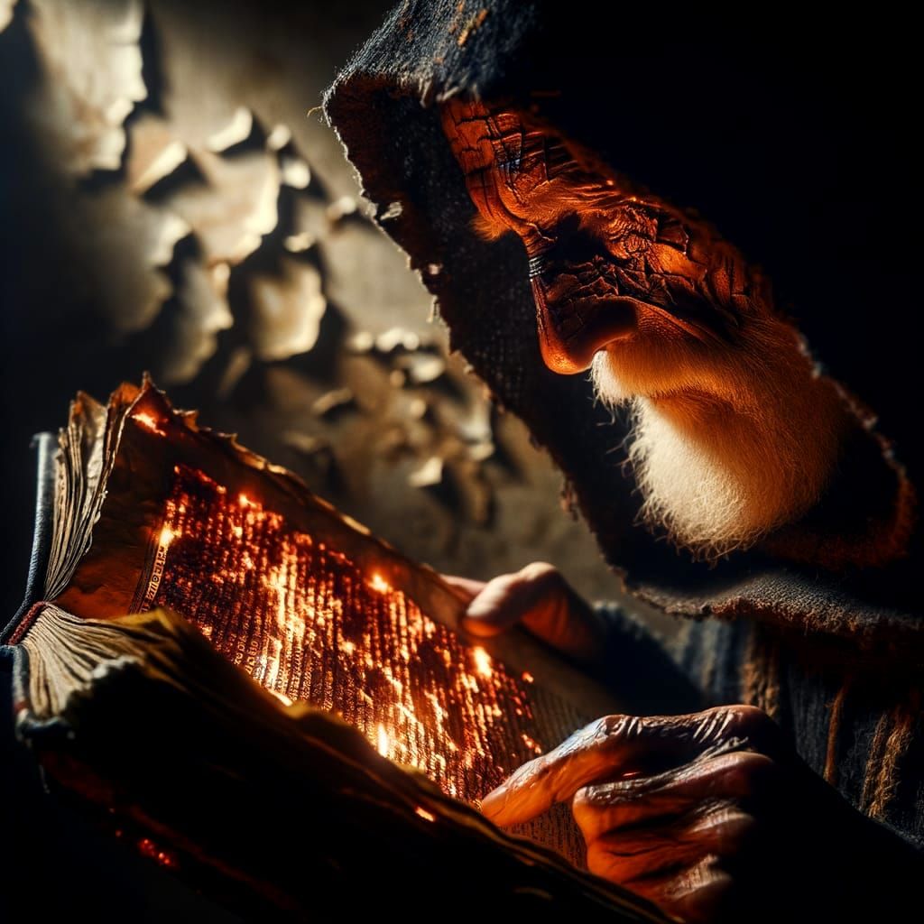 Ember-Lit Scholar Reading a Scorched Tome