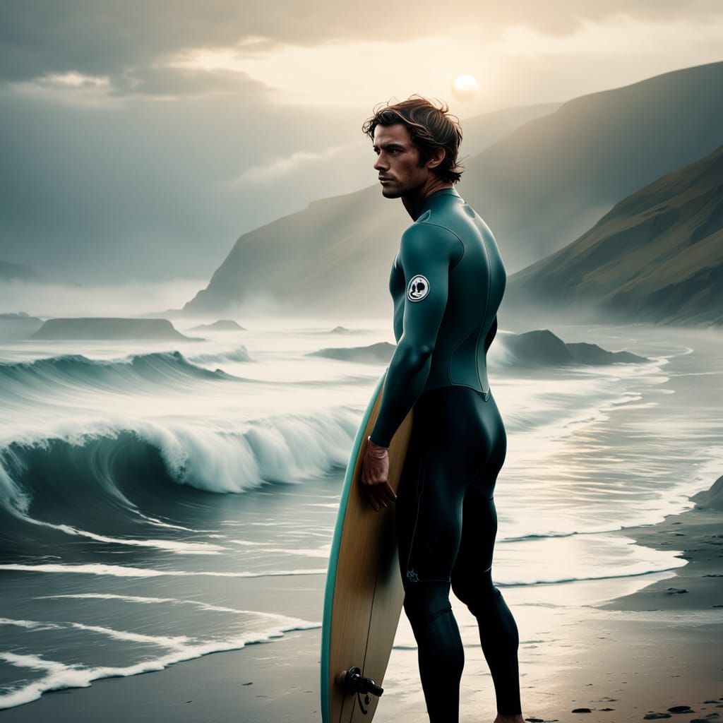 Surfer Lost in Sunset's Golden Hour