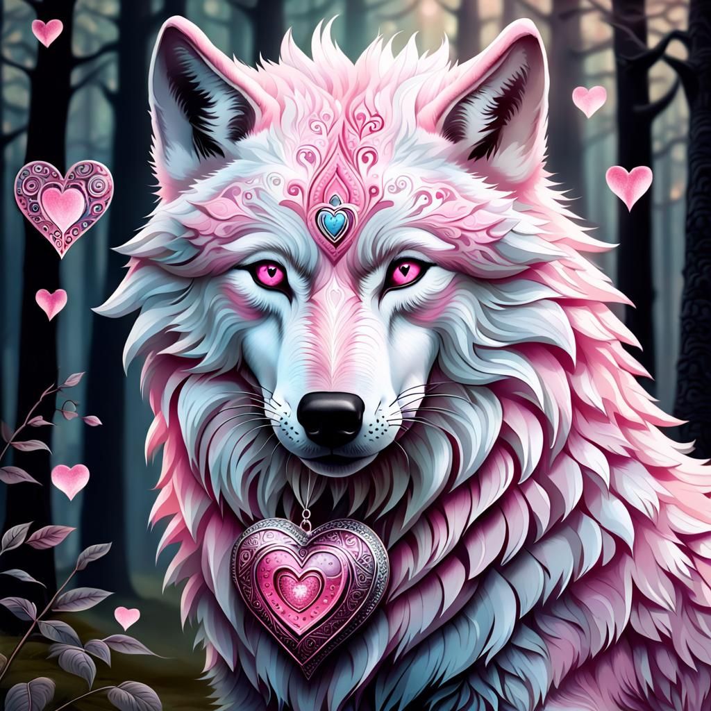 Pink Heart Wolf in Enchanted Forest