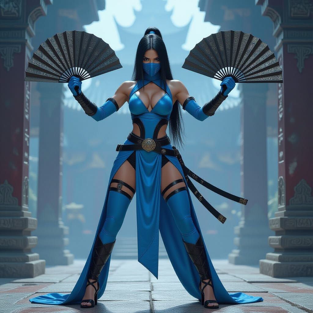 Kitana with Metal Fans in Futuristic Temple