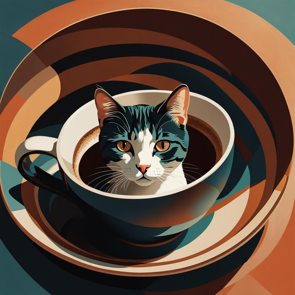 Art Deco Cat in Coffee Cup Digital Painting