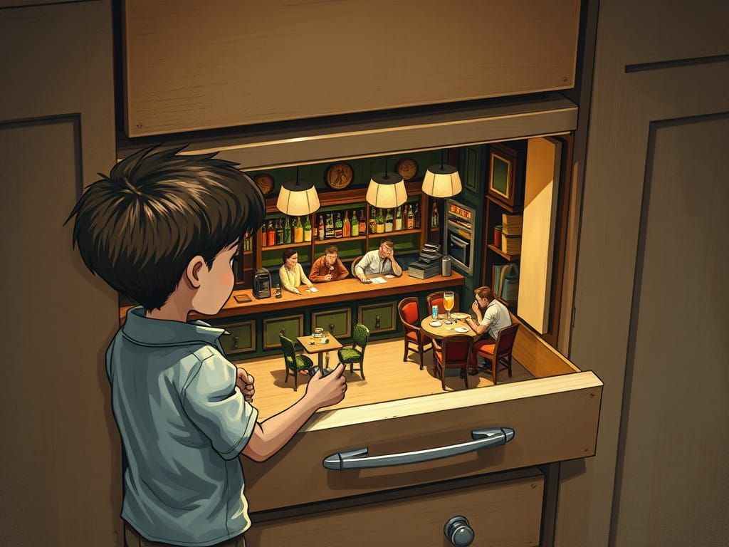 Miniature Bar Scene in a Vintage Comic Style Drawer