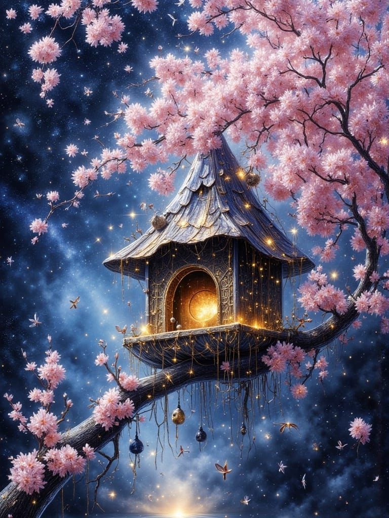 Celestial Birdhouse Impressionist Painting in Fantasy Style