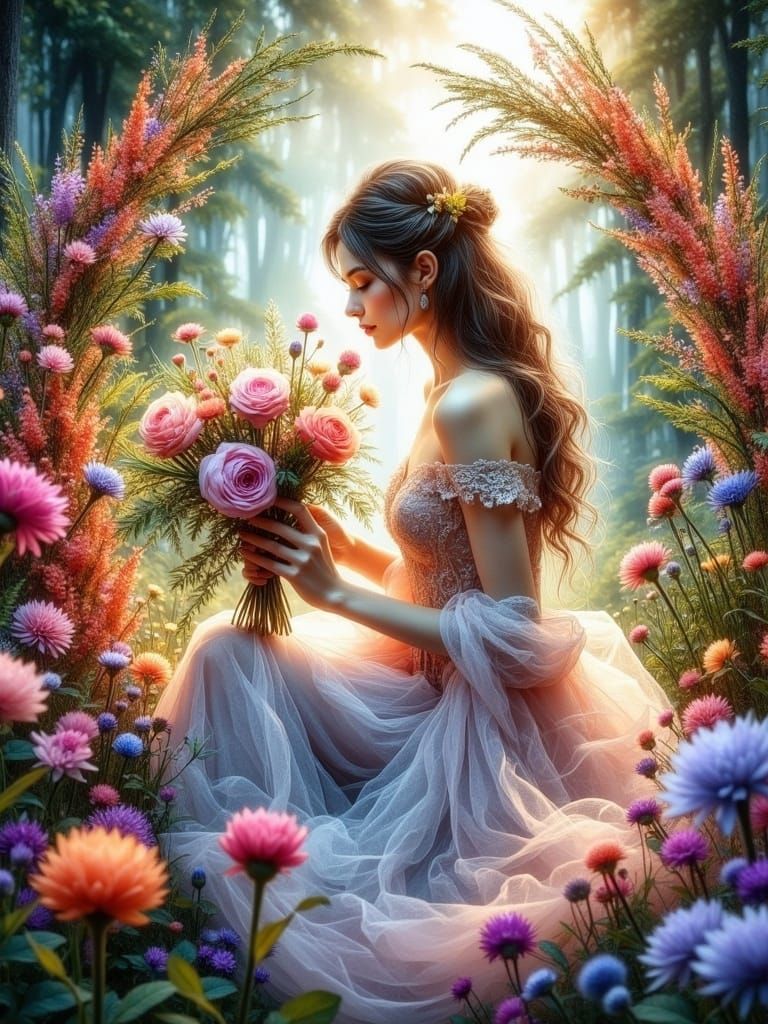 Ethereal Lady Surrounded by Vibrant Blossoms in Whimsical Ar...