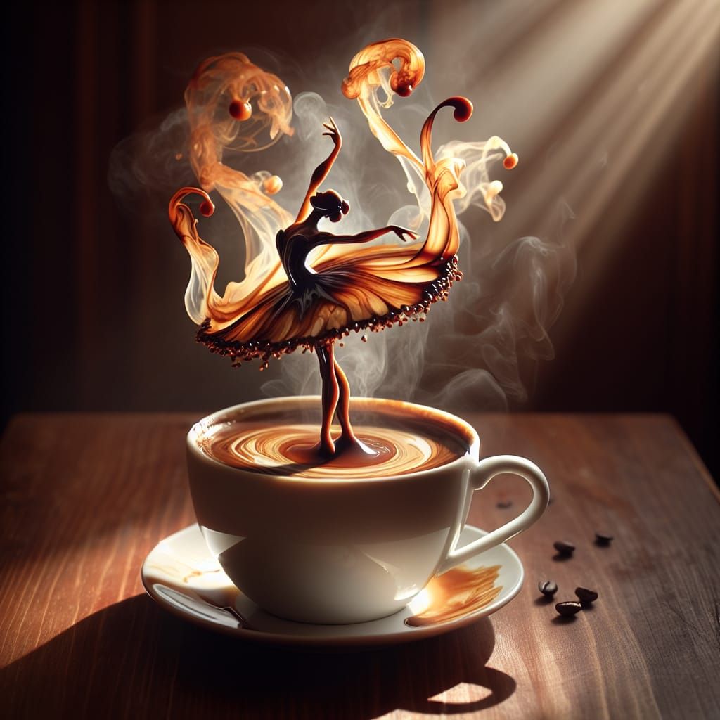 Coffee Ballerina Emerges from Steaming Cup