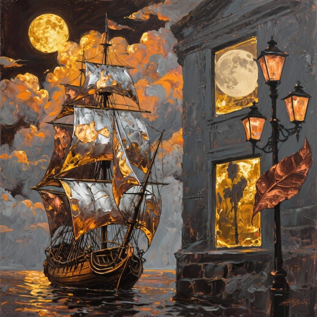 expressionism canvas painting, dark brown silver and gold wi...