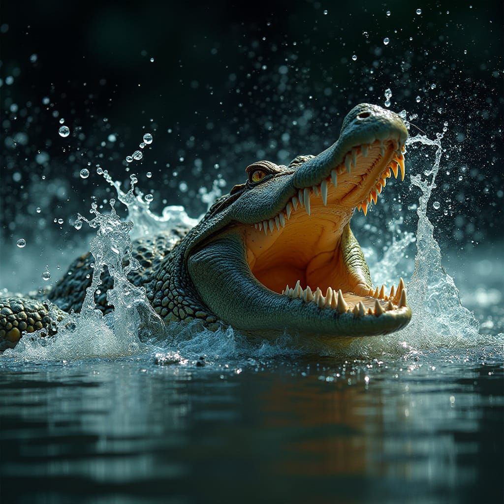 Crocodile in a Fierce Snarl, Hyper-Realistic Portrait