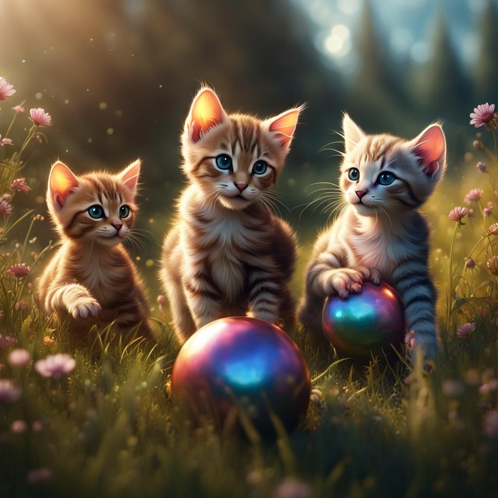 Kittens Play in Meadow: Detailed Digital Painting