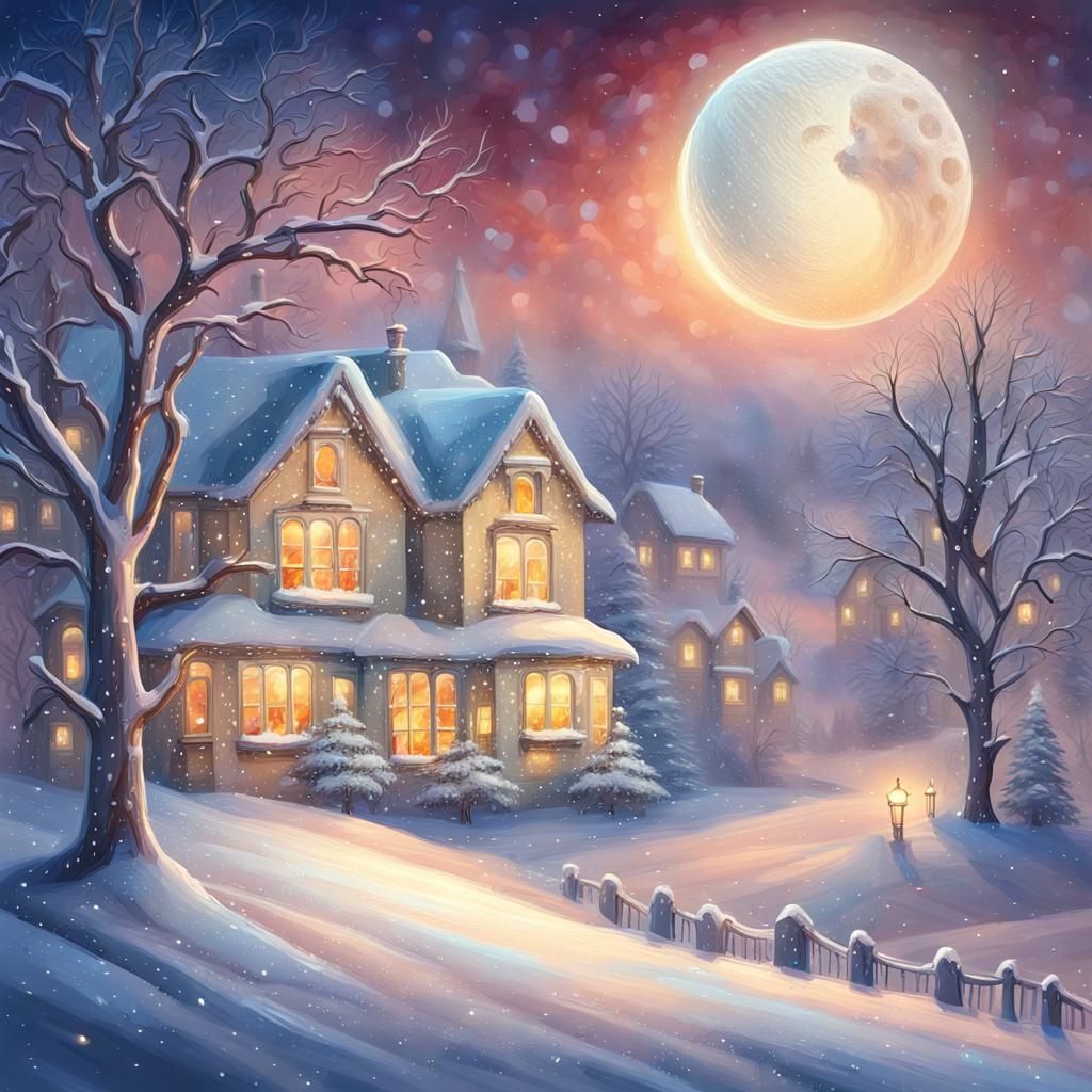 Vibrant Oil Painting of a Sparkling Crescent Moon Over Winte...