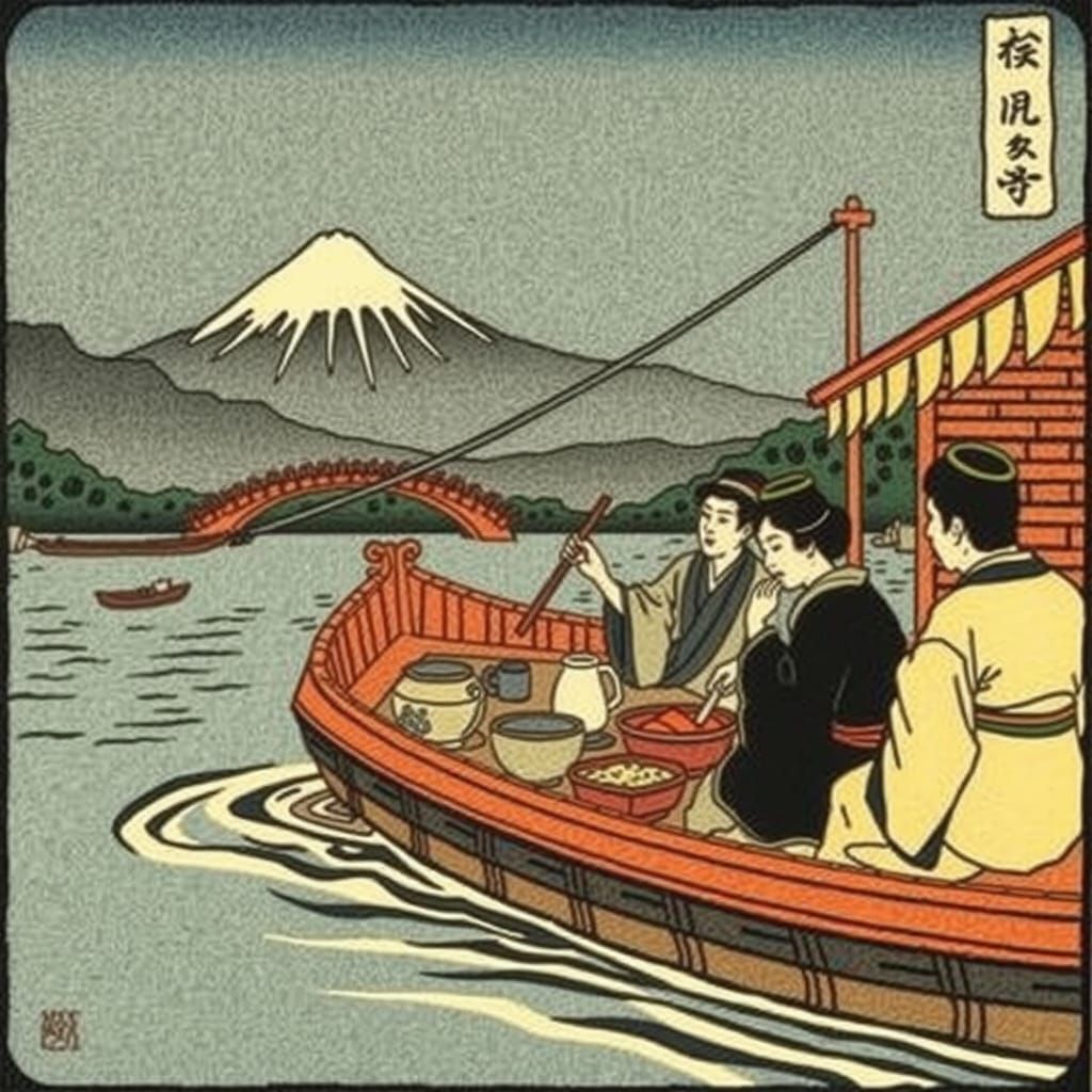 Riverboat Lunch in 17th Century Ukiyo-e Style