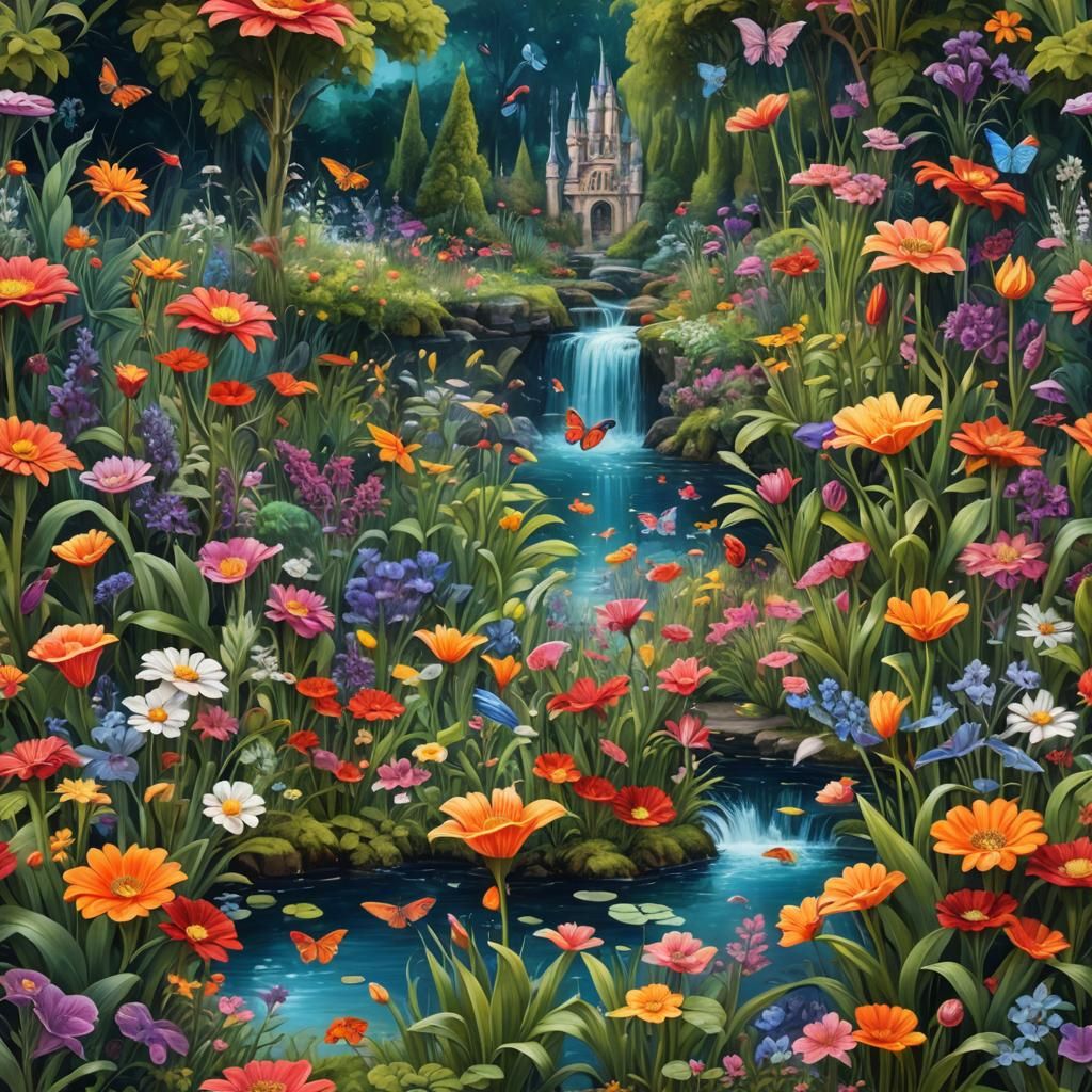 Whimsical Garden Oil Painting with Fantasy Creatures