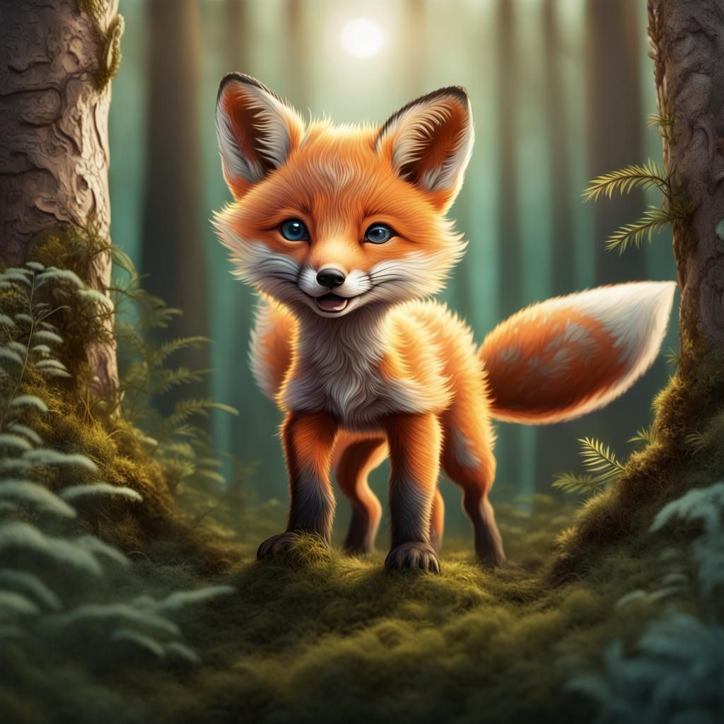 Cute Fox Cub Frolicking in Detailed Forest
